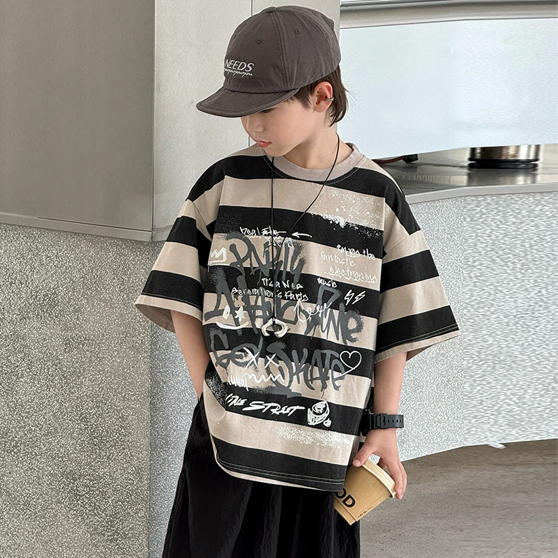 【2025夏款上新】男童短袖儿童洋气条纹夏季薄款T恤中大童夏装半袖