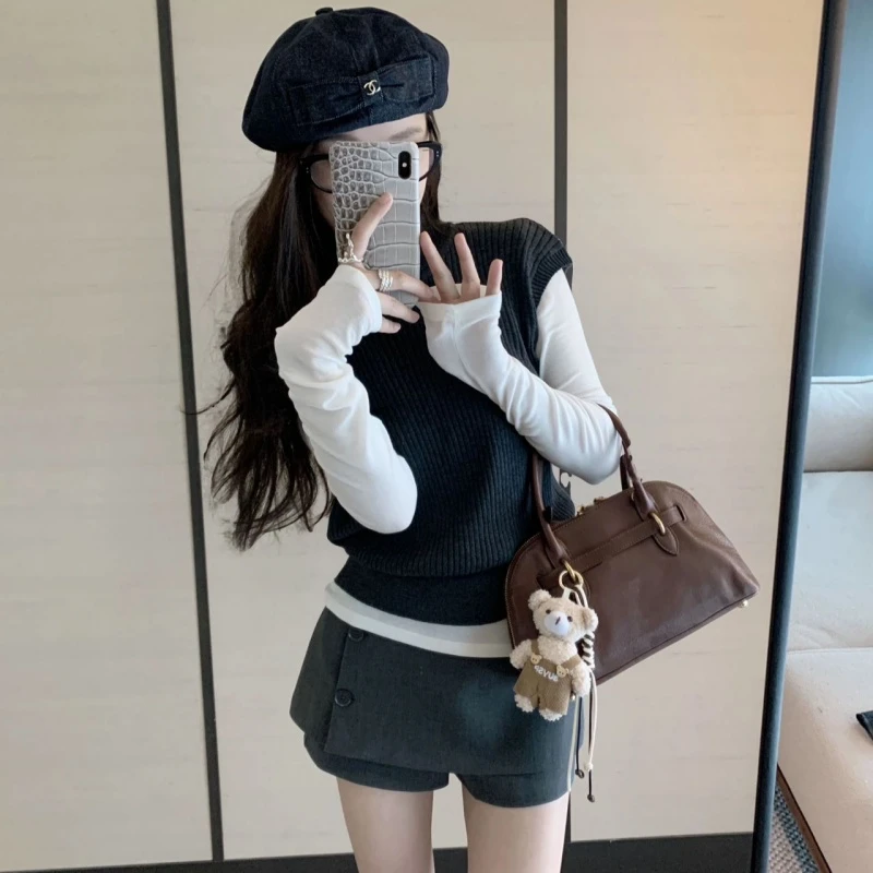 韩系早秋穿搭一整套气质高级感针织背心打底衫百搭裙裤宽松皮衣潮