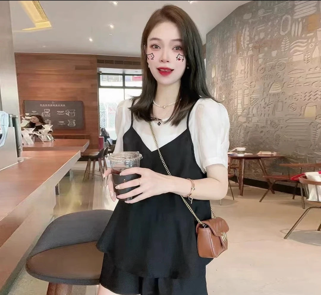两件套大码女装胖MM巨显瘦黑色上衣短裤2025夏季爆款休闲显瘦套装