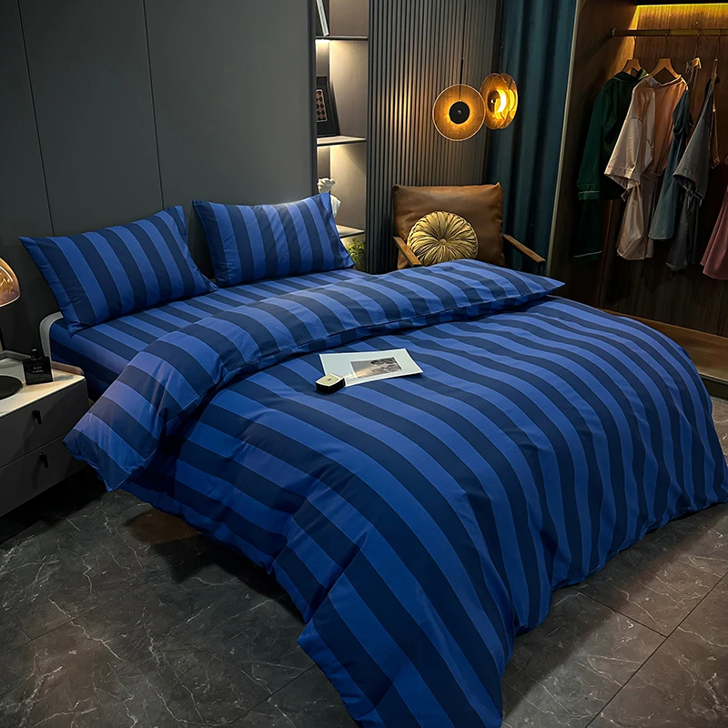 2025新款全棉纯棉四件套床上用品条纹蓝色床单被套床笠款4件套春
