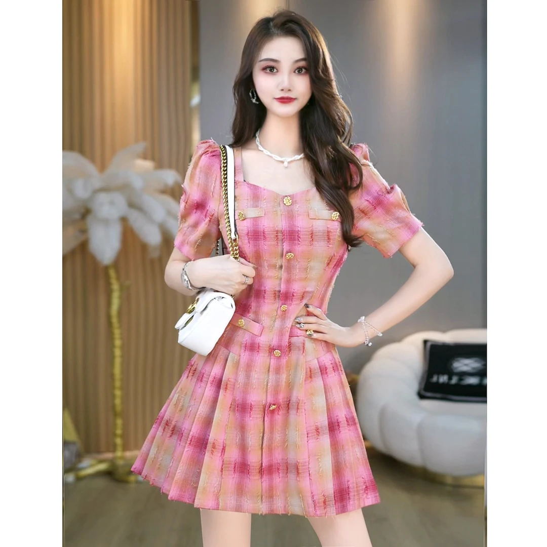 法式复古小香风时尚气质高级感小众百褶连衣裙 B5315