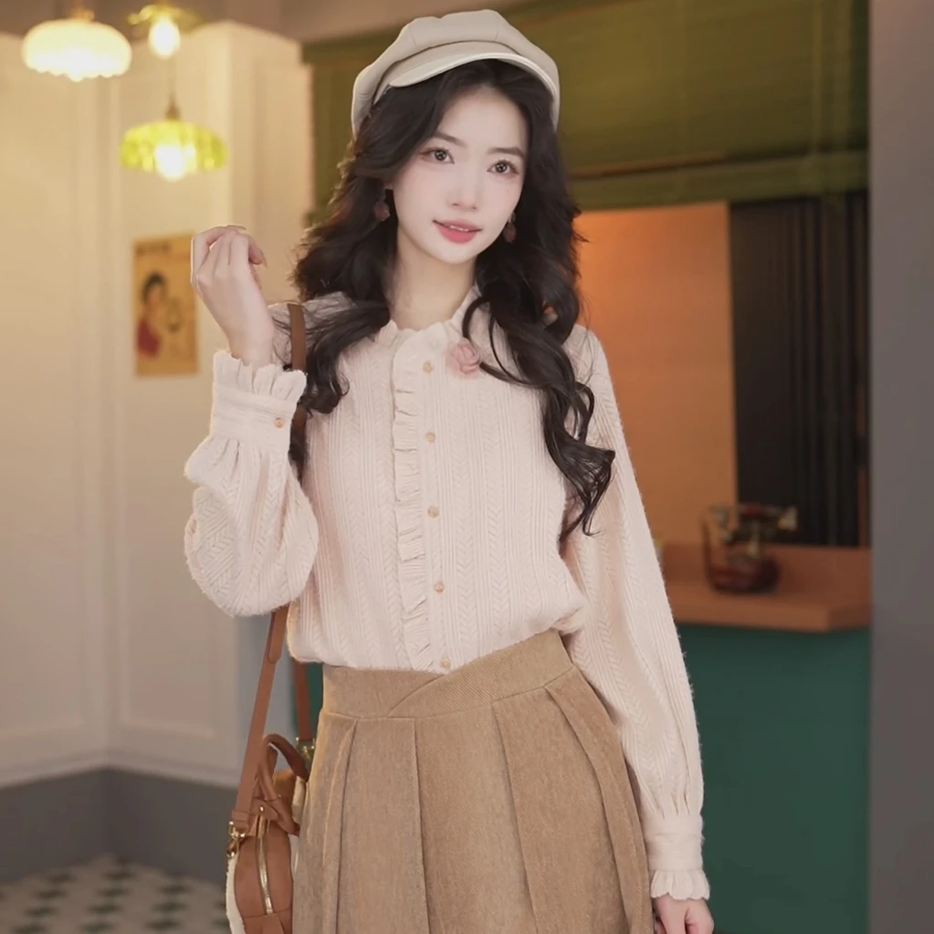 丁佳欣【芝士桃桃】港风复古加绒蕾丝开衫长袖百搭上衣JE0706142