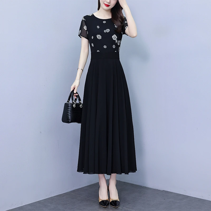 夏季新款雪纺连衣裙女大码碎花胖mm气质长款时尚洋气妈妈收腰裙子