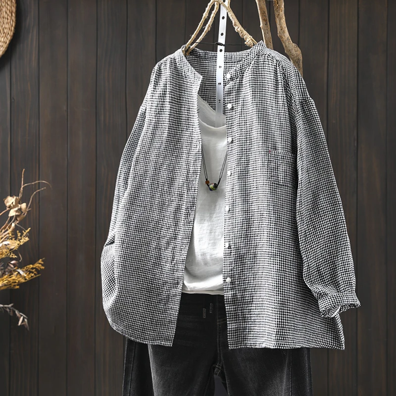 立领纯亚麻格子衬衫女士长袖高级感2025秋季新款高端宽松棉麻衬衣