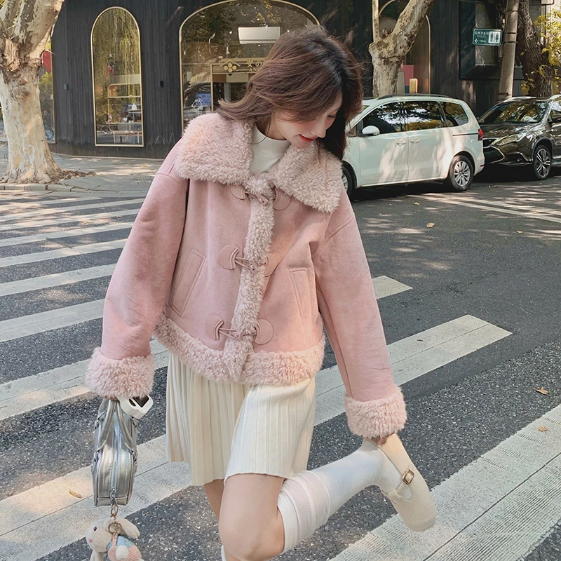 韩版女毛呢外套厚毛绒翻领常规短款宽松型外套时尚