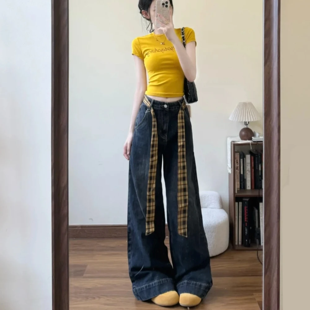 美式复古辣妹设计感牛仔裤女2025春夏新款高腰显瘦小众阔腿直筒裤