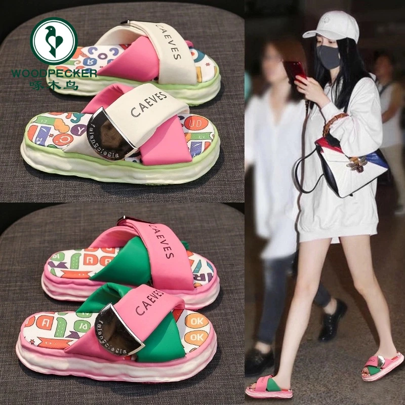啄木鸟网红涂鸦拖鞋女2025新款夏季外穿厚底一字拖休闲踩屎感凉拖