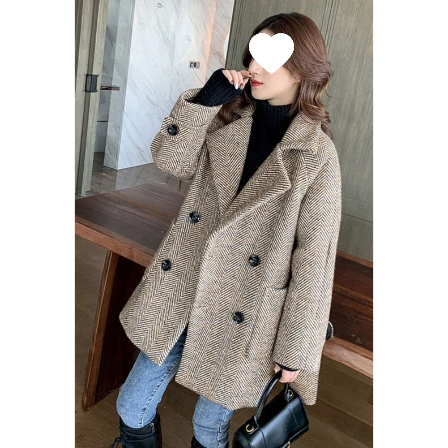 大码女装春秋遮肉显瘦格纹西装外套胖mm中长款气质加厚毛呢大衣潮