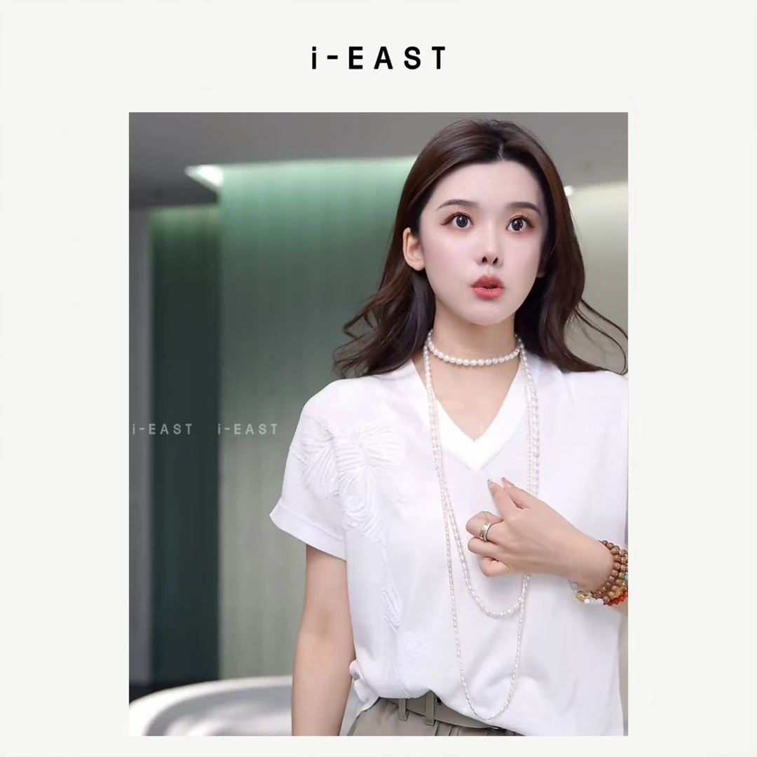 i-EAST 少女茶话会~蕾丝设计感修身T恤短袖上衣-5X SY8873