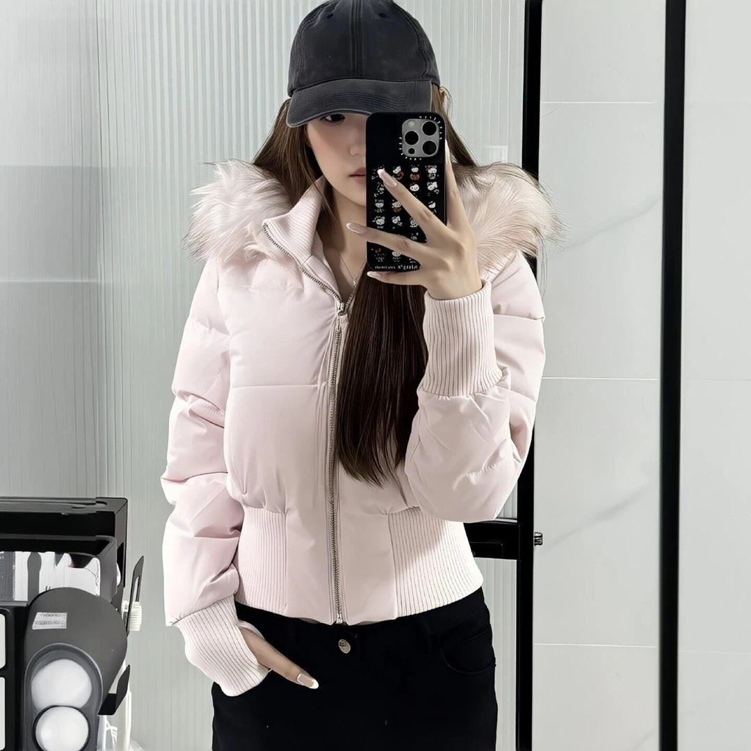 超火的显瘦大毛领连帽收腰短款棉服2025年冬季女气质加厚保暖外套