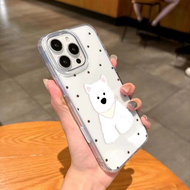 黑点白狗适用iPhone16带相机触控保护按键透明手机壳16Promax防摔