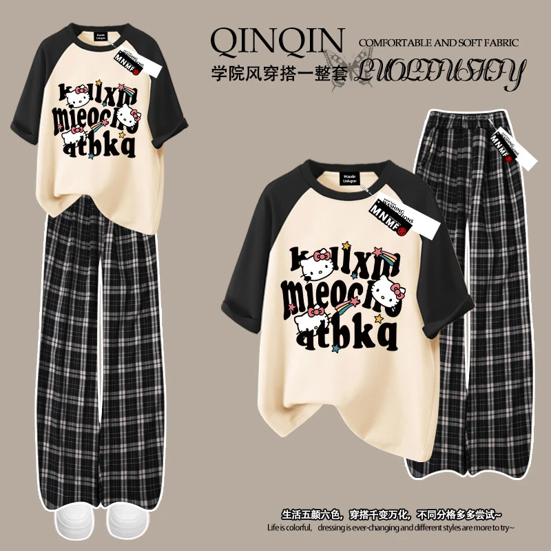 女童纯棉短袖T恤格子裤套装夏季新款洋气凯蒂猫卡通中大童两件套