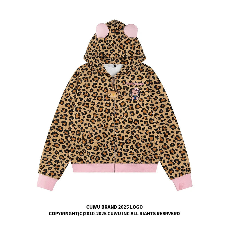 cuwu美式复古kitty猫刺绣豹纹连帽卫衣外套女男秋季宽松休闲帽衫