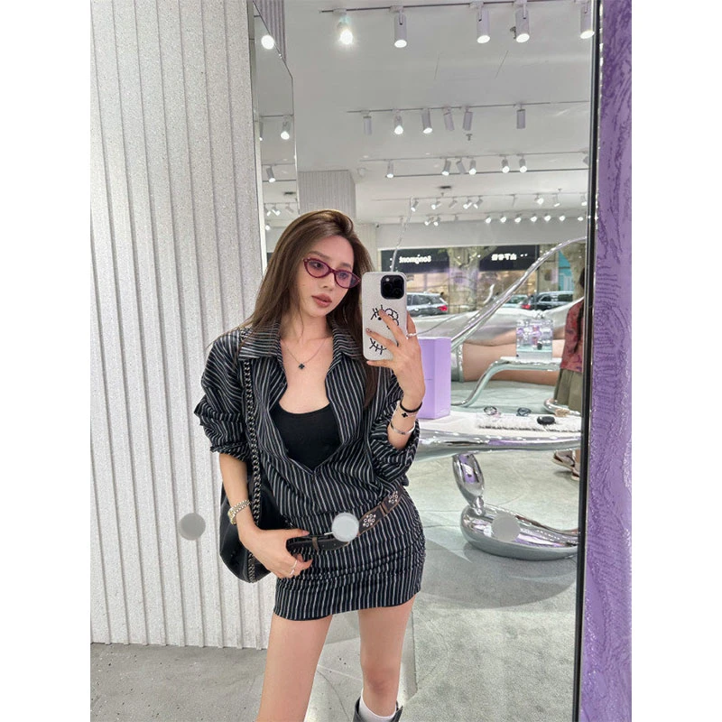 夏季2025时尚修身显瘦通勤风条纹衬衫上衣气质时尚收腰a字半身裙