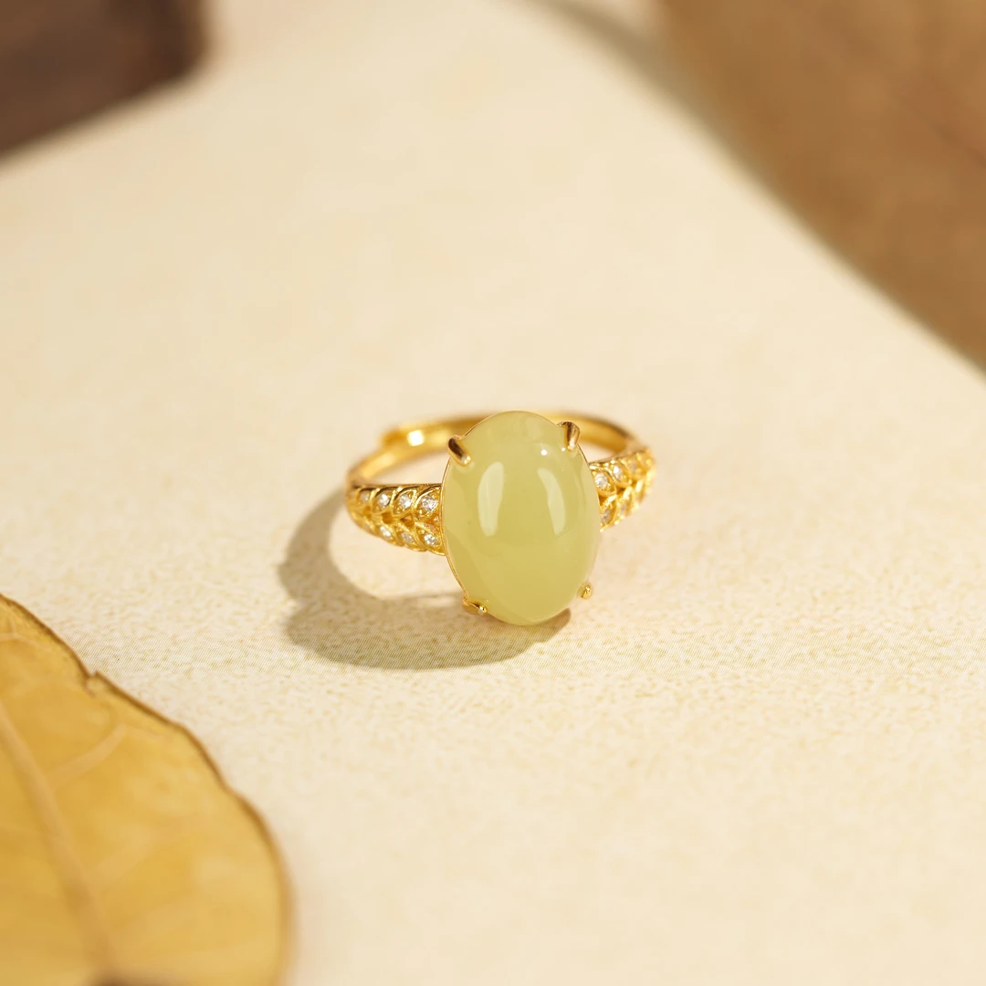 L【玉氏珠宝】925银和田玉黄口蛋面戒指 多样性发一 CAN820971