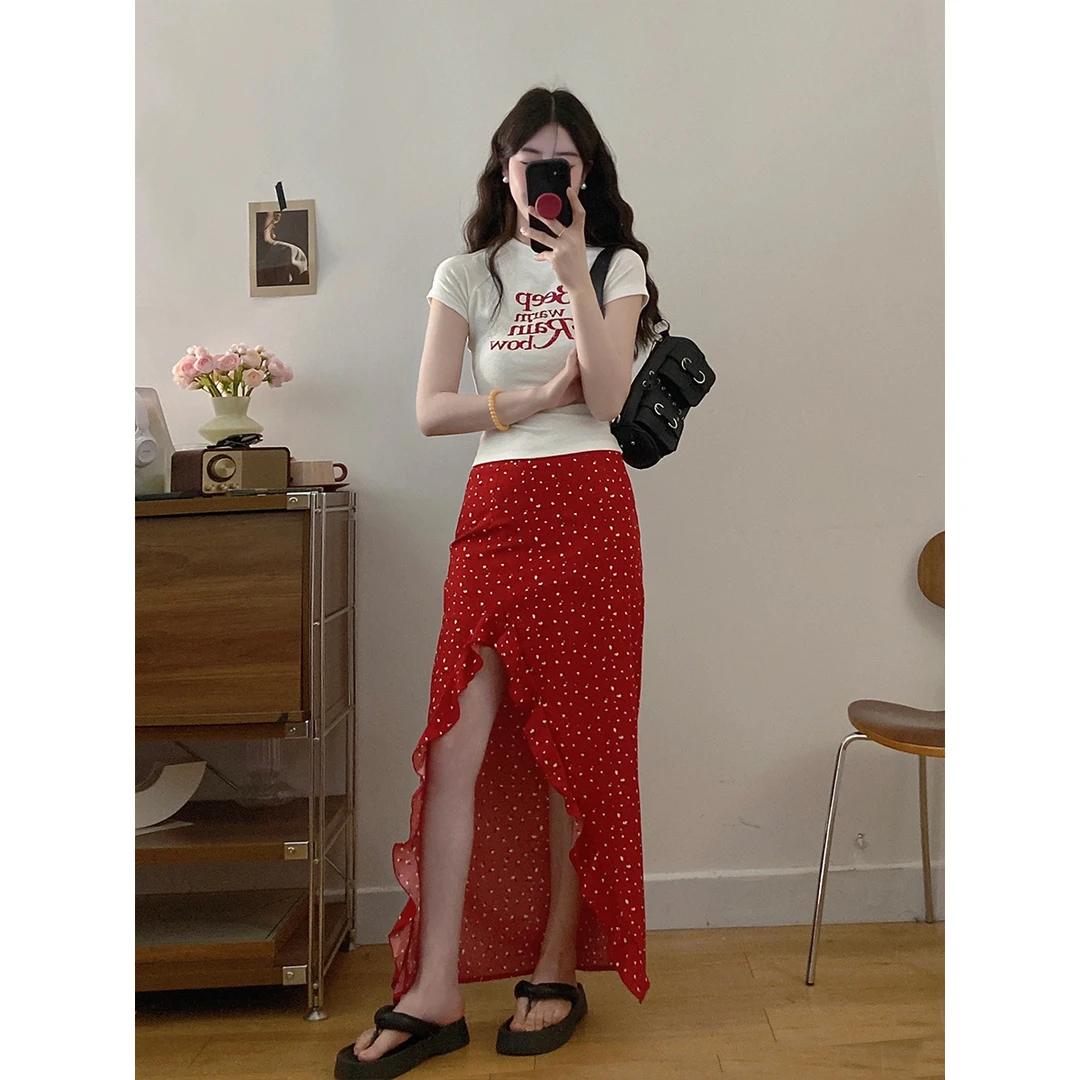 大码法式女装白色T恤女短袖夏季开叉花边裙摆设计长裙子两件套装