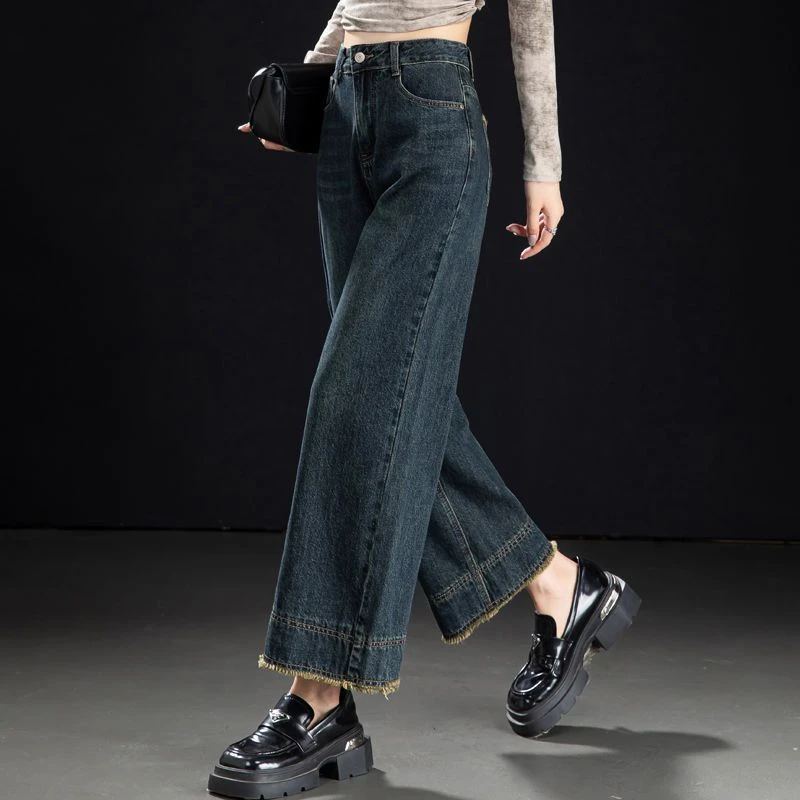 复古深蓝休闲毛边阔腿牛仔裤女春秋宽松显瘦直筒裤女高腰宽腿裤子