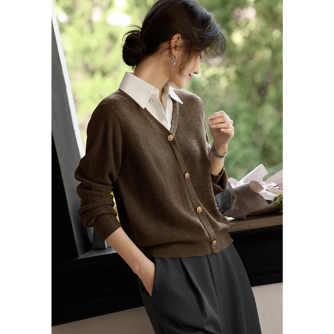 XWI/欣未假两件拼接撞色针织衫女2025秋通勤百搭假两件针织衫B085