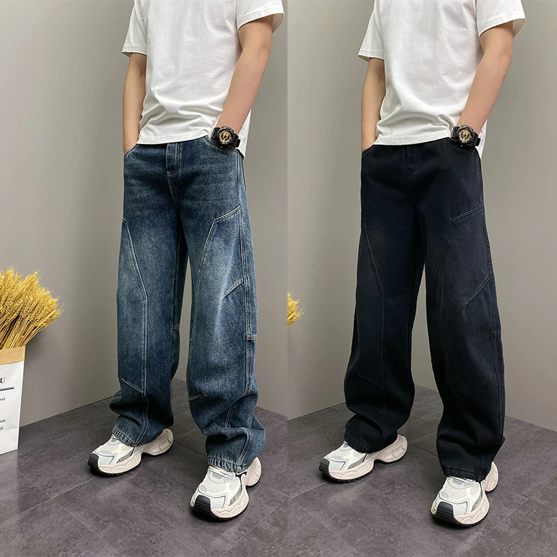 秋冬加绒复古拼接阔腿牛仔裤男水洗宽松直筒痞帅休闲弯刀长裤男潮