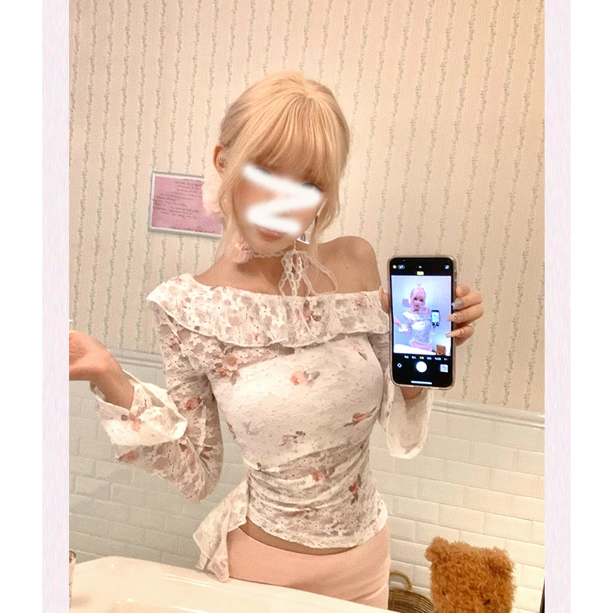 香榭雾玫瑰 早春设计感斜肩法式复古荷叶边印花蕾丝上衣打底衫女