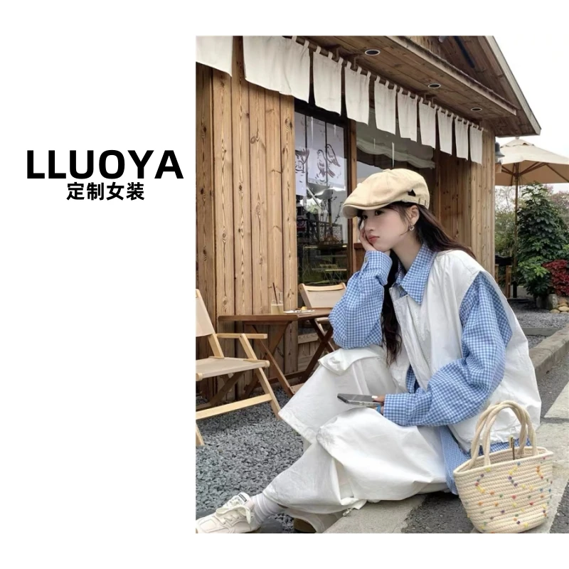 LLUOYA - 格子假两件衬衣马甲两件套