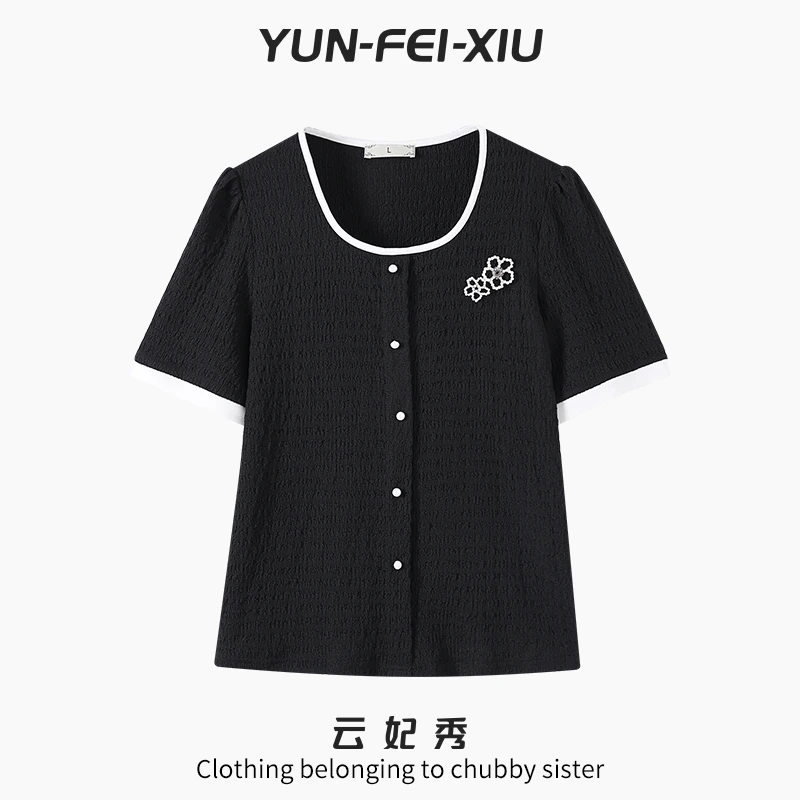 云妃秀大码女装时尚休闲T恤微胖提花气质宽松显瘦百搭夏季8831