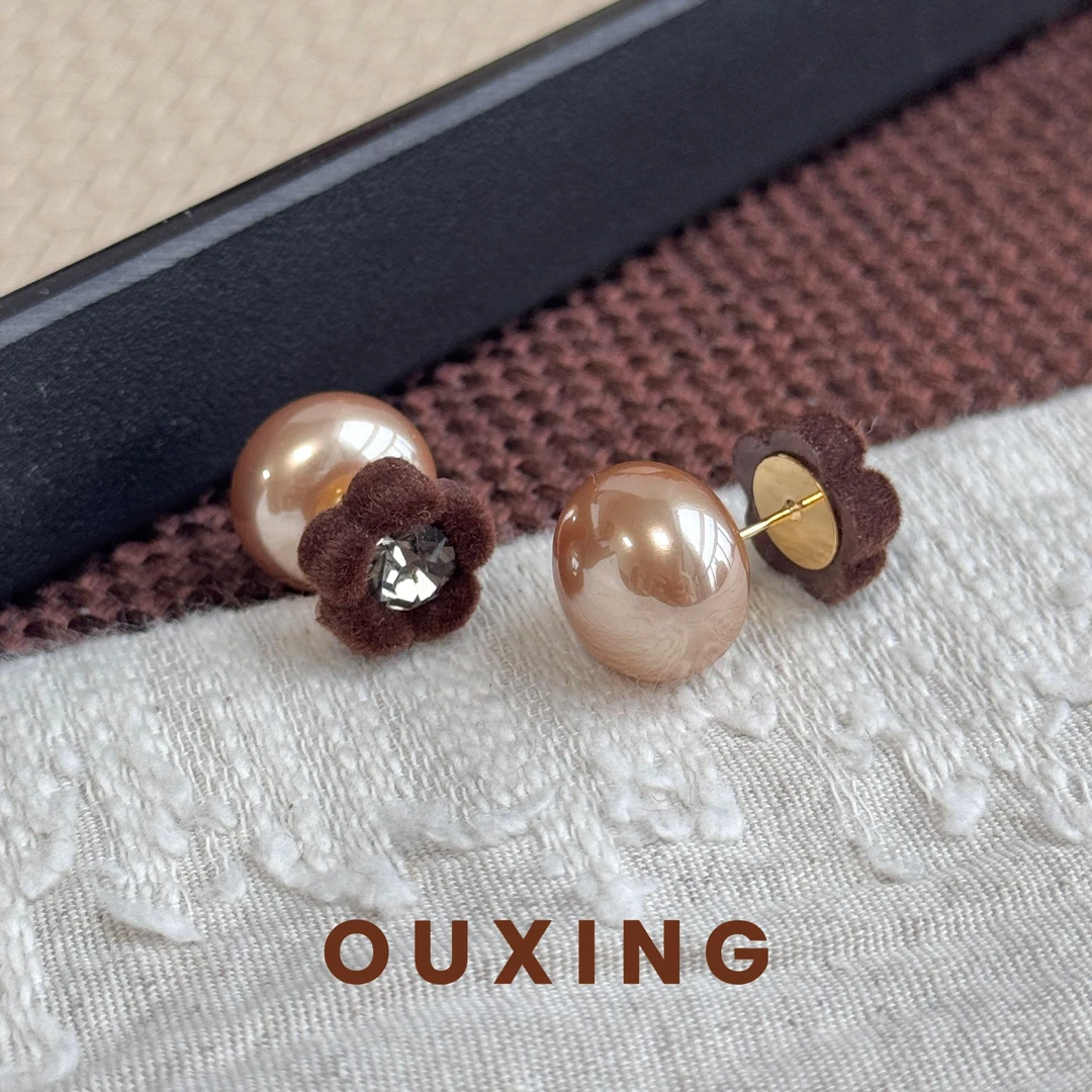 非金属仿珍珠耳饰 [焦糖绒花]可爱时尚少女简约小花甜美耳环