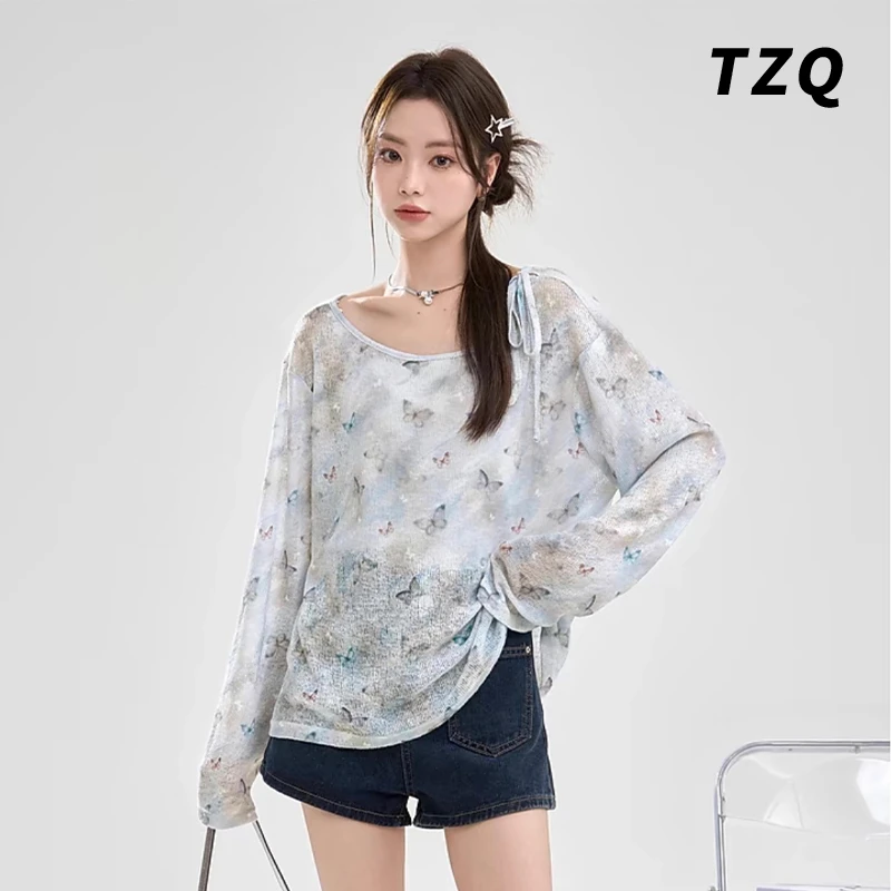 长袖T恤女2024夏季新款圆领蝴蝶结印花绑带宽松薄款防晒罩衫上衣