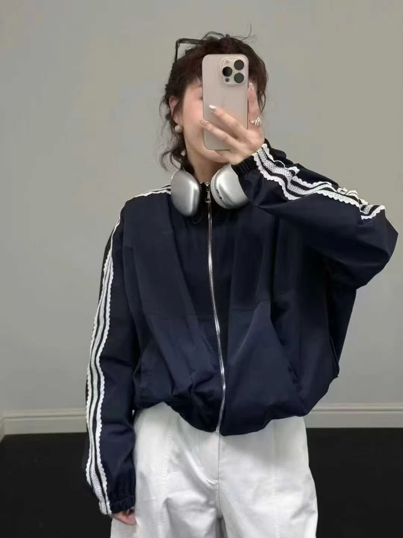 【慕.我们的店】韩系时尚休闲立领百搭短款蕾丝拼接外套