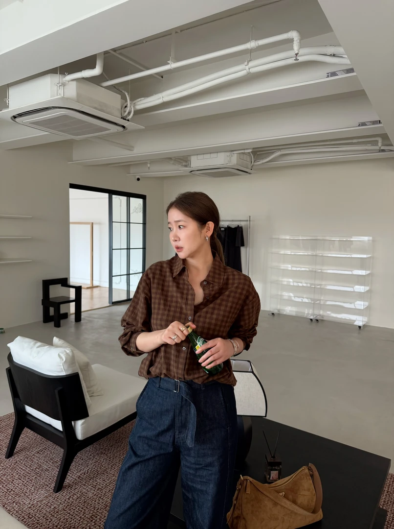 widelia秋季韩版复古文艺格子衬衫女休闲百搭长袖衬衣8010