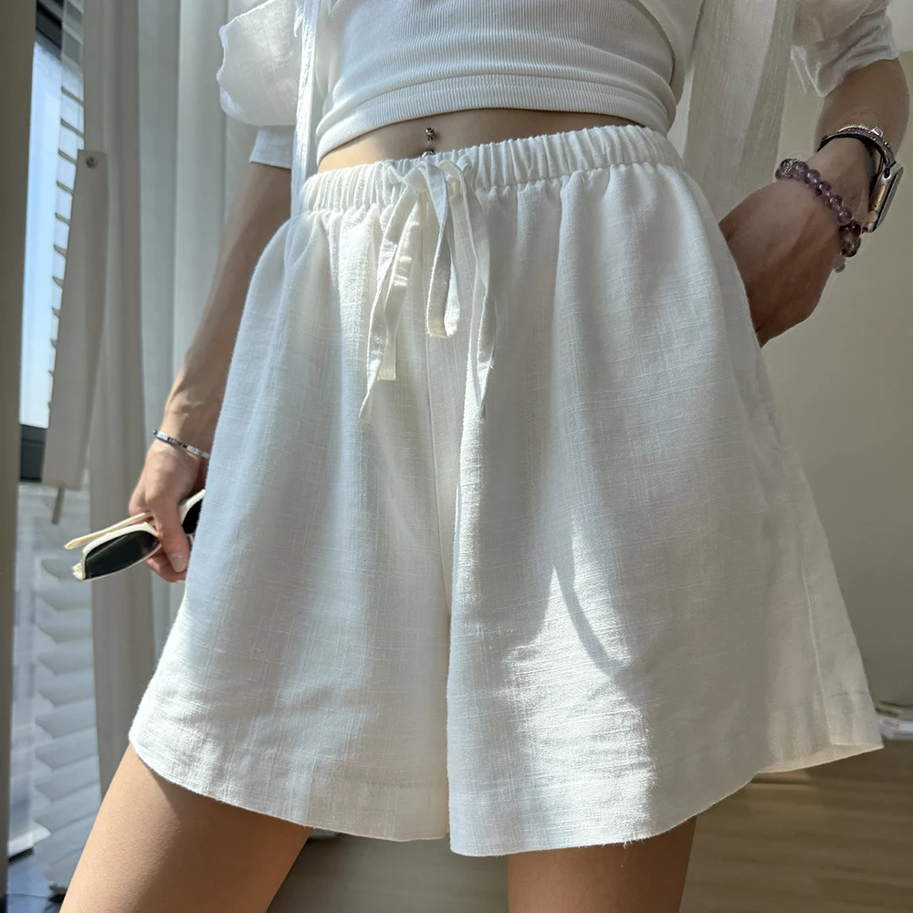 肌理感透气松紧高腰舒适夏季轻薄抽绳短裤女