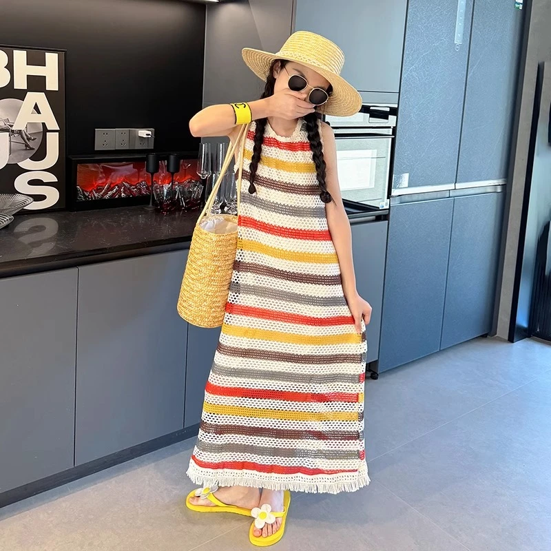 女童裙子夏高级感2025新款女大童夏季镂空长裙儿童网红炸街连衣裙