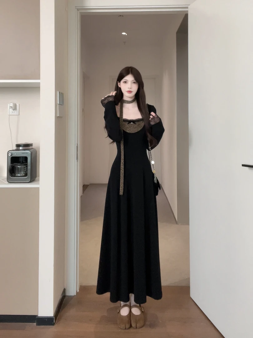 松本丧丧豹纹拼接蕾丝边长袖连衣裙时尚减龄收腰显瘦B253Q1583