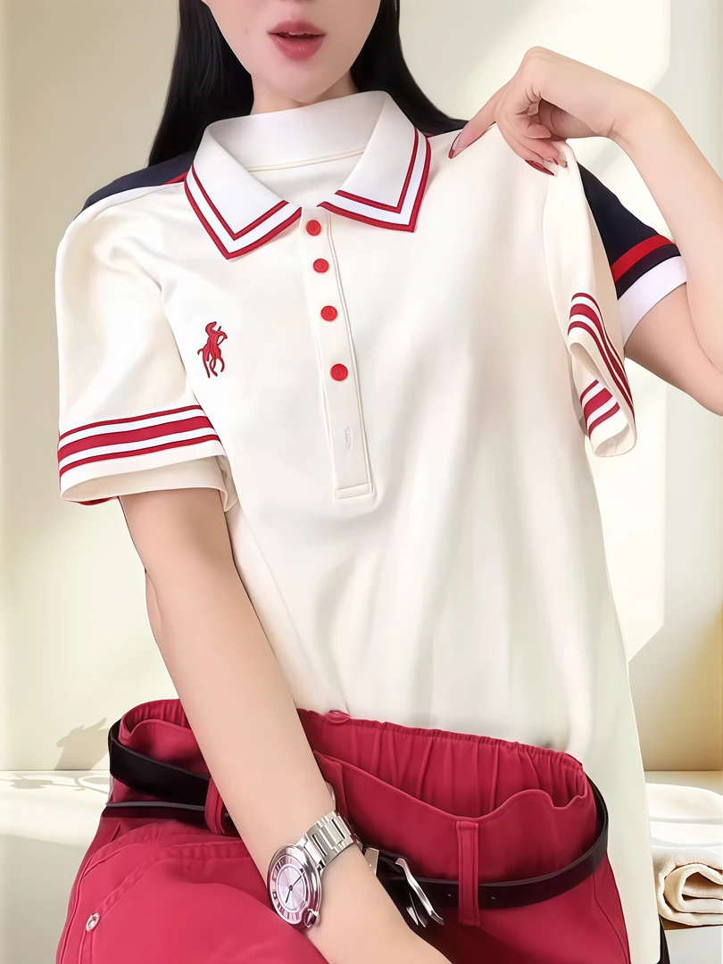 纯棉时尚百搭翻领短袖T恤女2025夏新款小马刺绣正肩温婉大方衣服