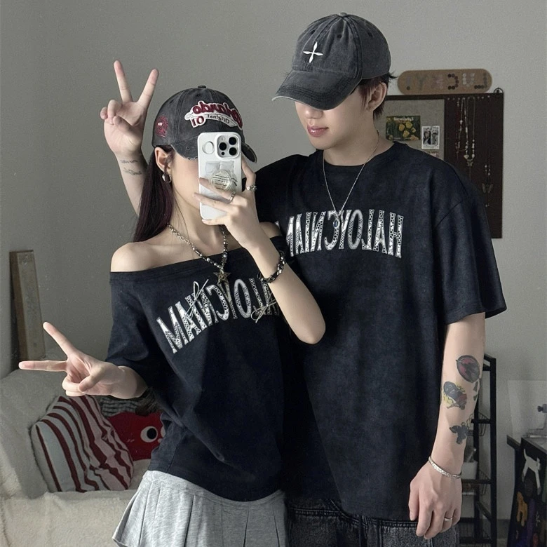 情侣装夏装ins小众美式宽松男女短袖设计感韩版潮流一长一短上衣