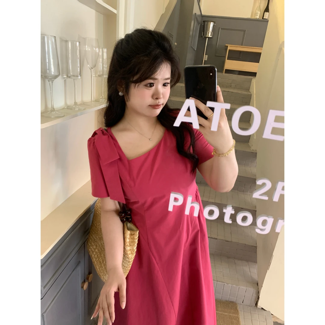 【树莓朵朵】大头婷丫丫微胖夏季连衣裙收腰不规则蝴蝶结方领长裙