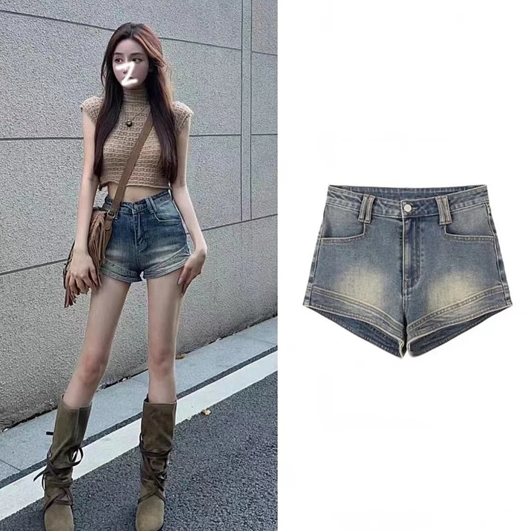 美式辣妹复古做旧牛仔短裤女2025春夏设计感高腰显瘦修身热裤