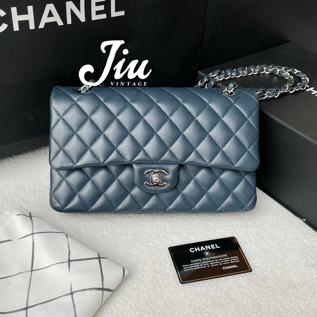 99新 Chanel/香奈儿 CF 中号深蓝银扣盒子保卡JM12-1485