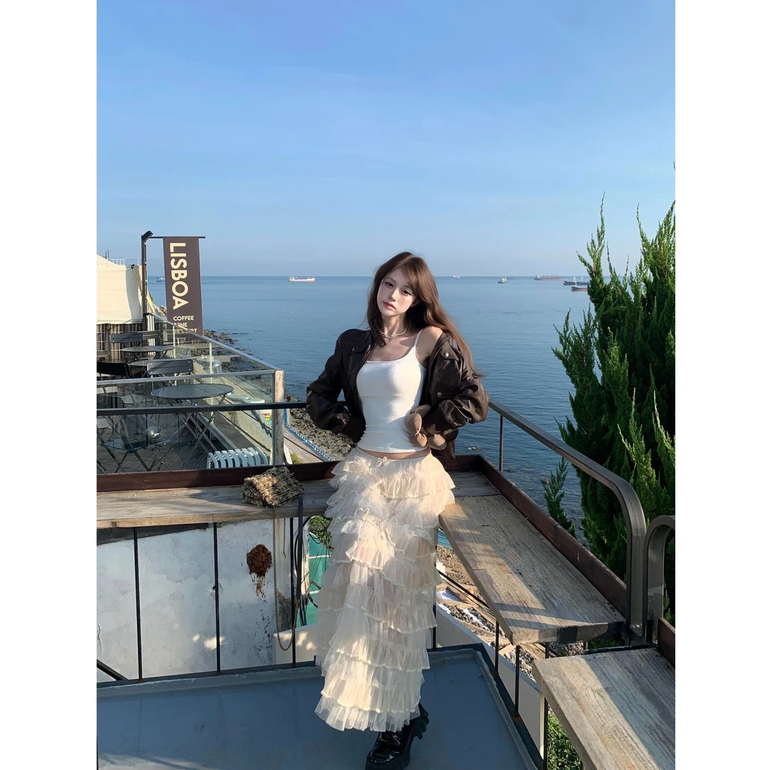 2025秋季新款吊带背心机车立领复古pu皮衣外套配蛋糕半身裙三件套