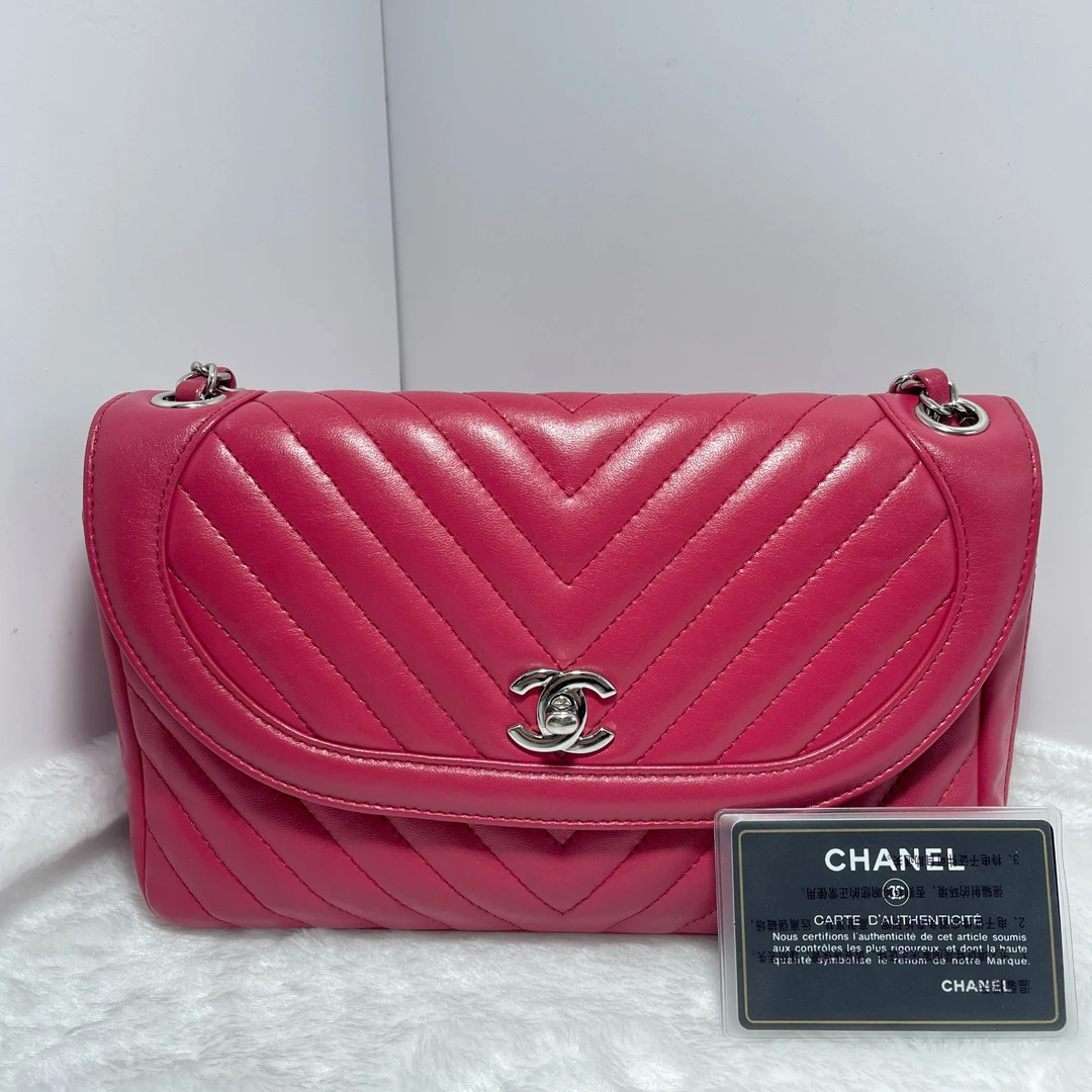 95新 Chanel/香奈儿 玫红色V纹银扣CF/翻盖链条包