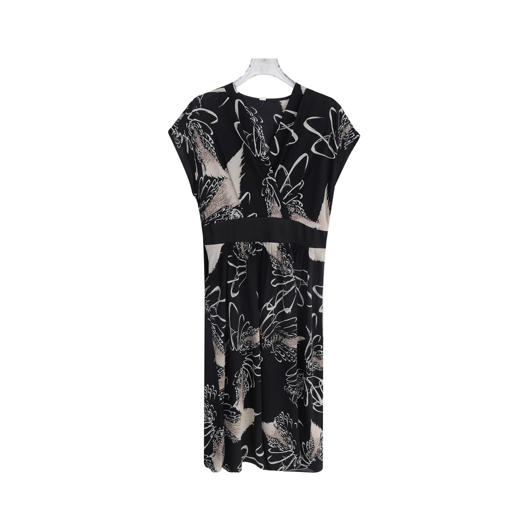 夏季奢华高腰系带过膝印花显瘦气质连衣裙A13371