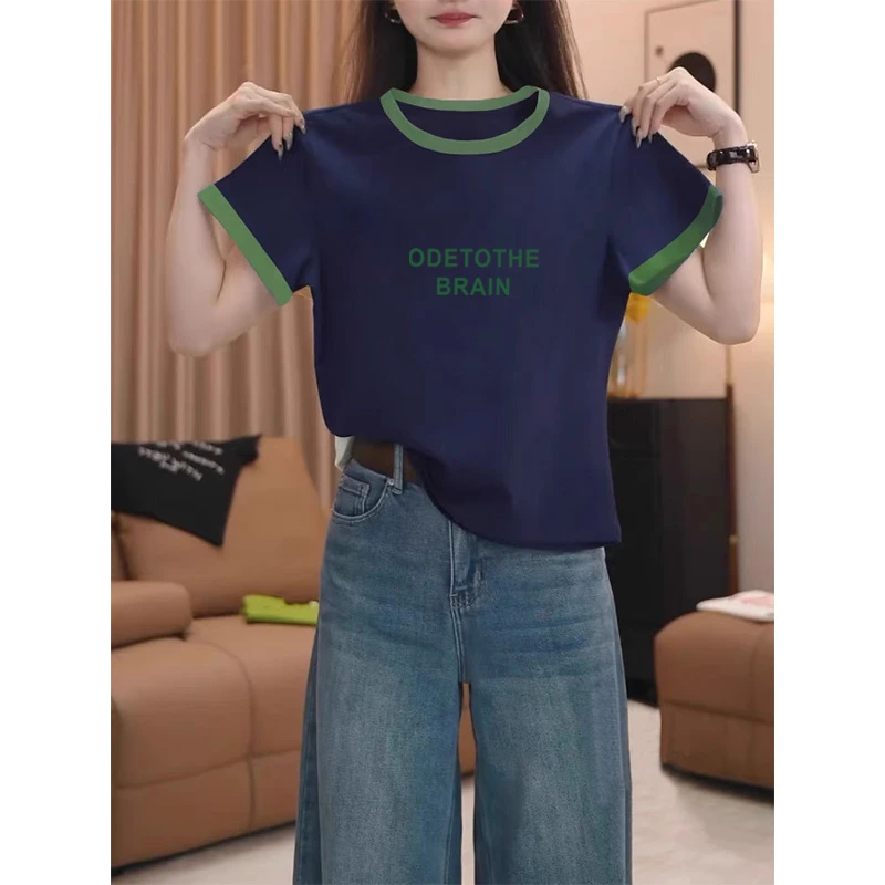 撞色纯棉正肩圆领短袖t恤女装夏季2025新款小众时尚洋气上衣薄款