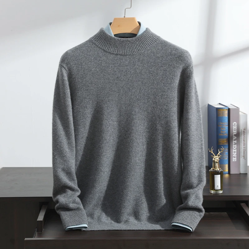 100%纯山羊绒衫男士双股加厚半高领山羊绒毛衣休闲套头纯绒针织衫