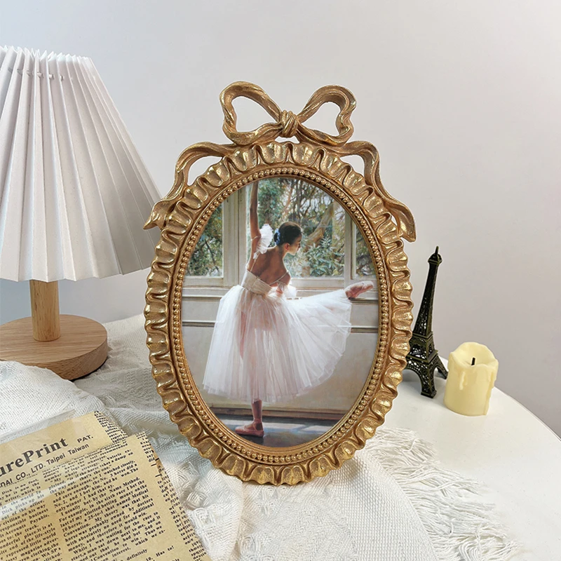 法式金色复古蝴蝶结相框浮雕画框椭圆形桌面摆件背景墙装饰画挂画