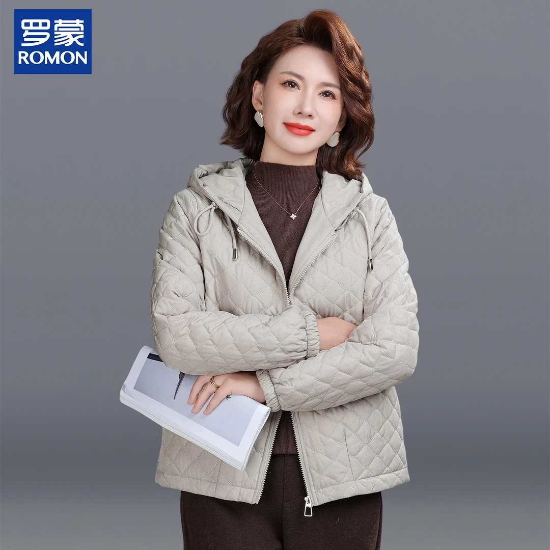 罗蒙时尚冬季连帽妈妈装中年纯色新款抽绳外套中老年女装冬款棉衣