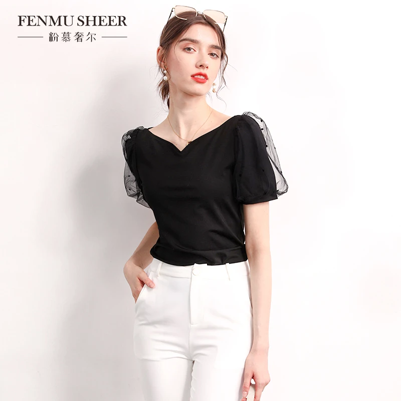 【粉丝专享】粉慕奢尔淑女T恤纯色拼接网纱泡泡袖薄款短上衣-G185