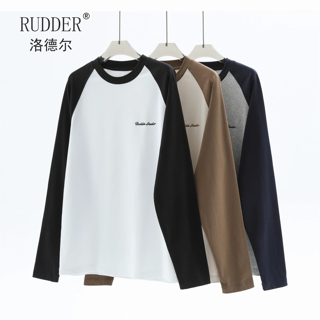 Rudder/洛德尔280G全棉酵素洗拼色刺绣插肩袖长袖T恤春秋男女