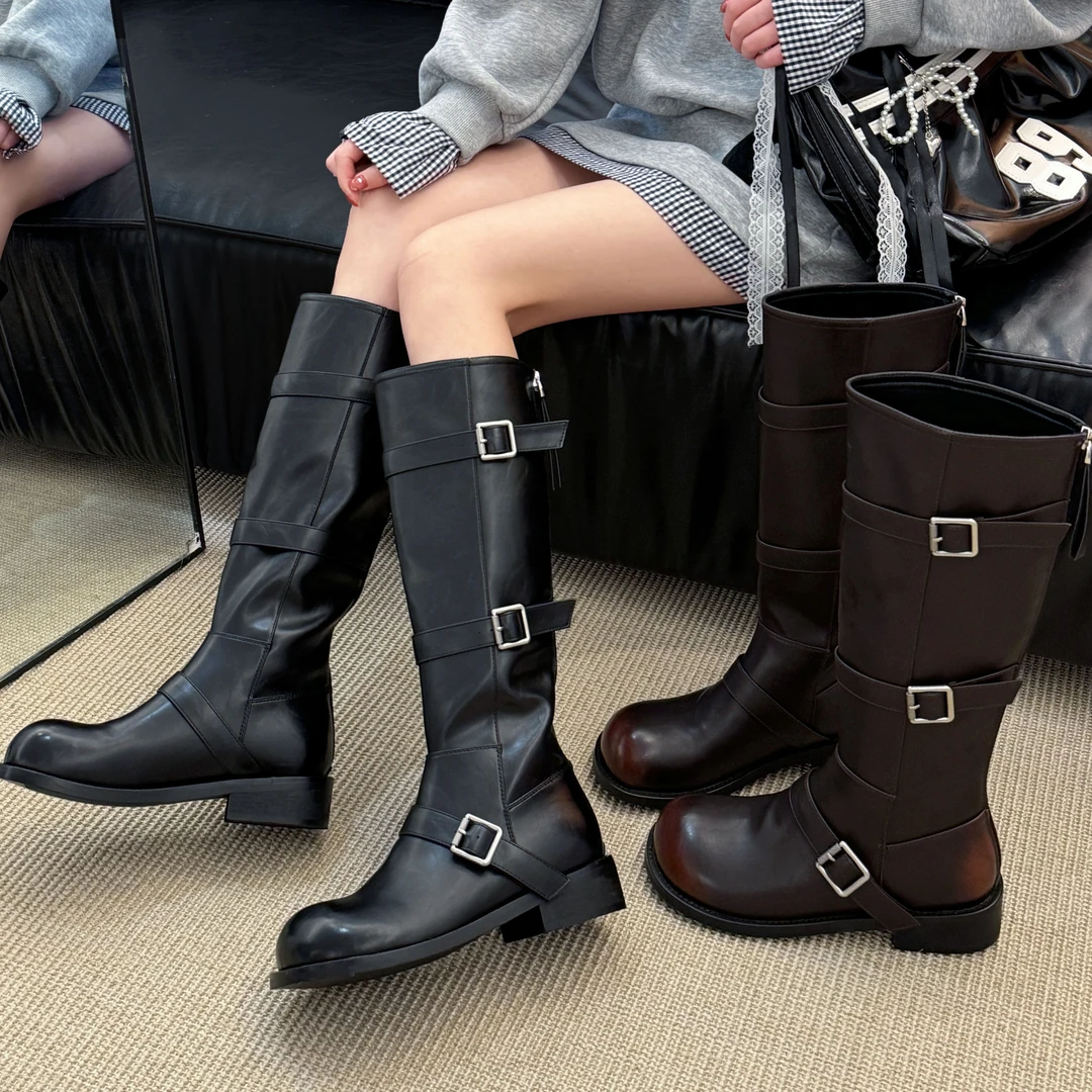 贾不假骑士靴女款2025秋季新品芒果娃娃鞋头不过膝长靴胖mm长筒靴