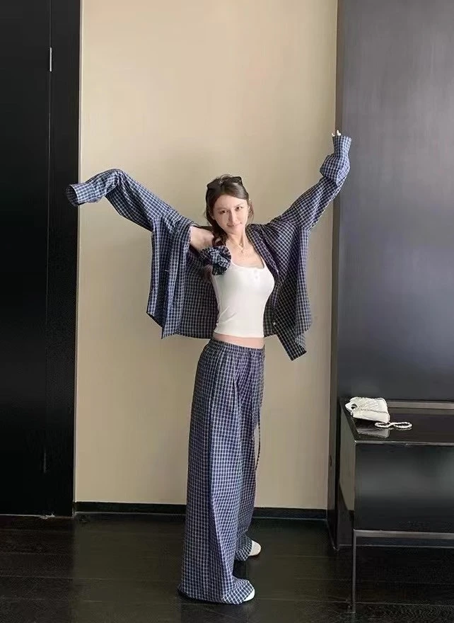 松弛holiday 磨毛泡泡格长袖衬衫夏直筒休闲裤发圈套装三件套