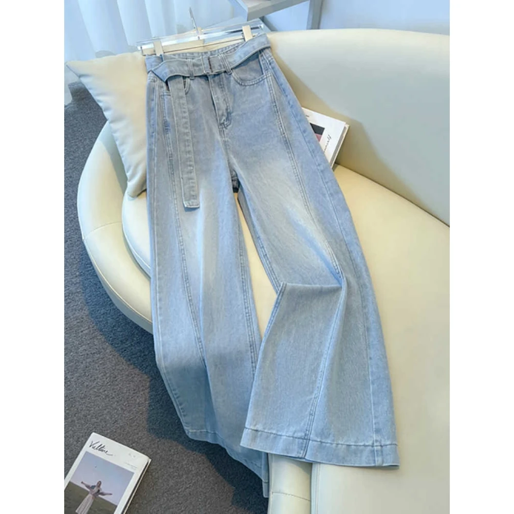 大码浅蓝色设计感飘带牛仔裤女2025春季新款高腰显瘦休闲直筒裤子